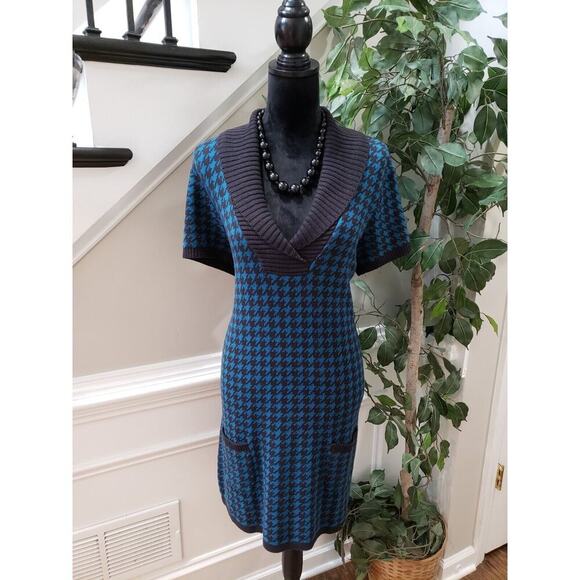 Style & Co. Women's Blue Knit Houndstooth Short Sleeve V Neck Sweater Dress XL - Picture 1 of 15